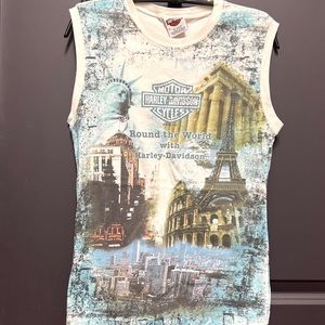 HD Harley Davidson Round the World Cream & Blue Tank Top Size XL